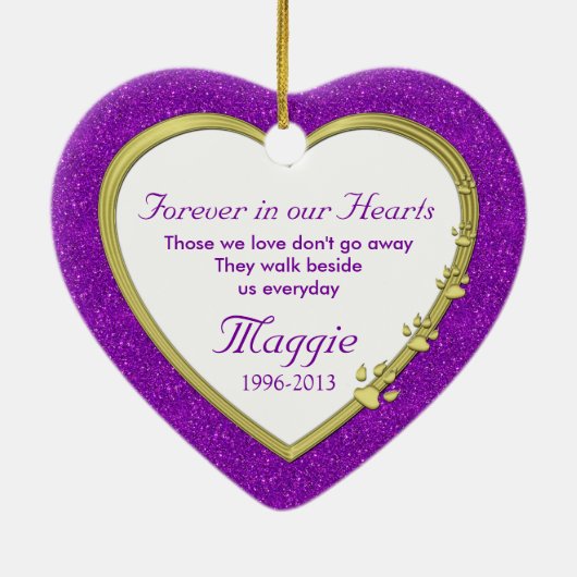 愛犬記念撮影クリスマスパープル金ゴールドハート セラミックオーナメント (裏面)