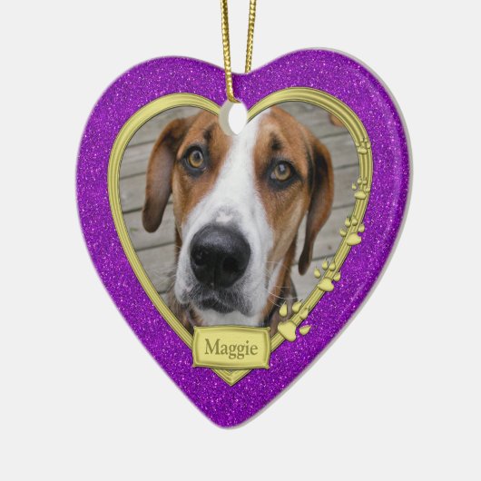 愛犬記念撮影クリスマスパープル金ゴールドハート セラミックオーナメント (左)
