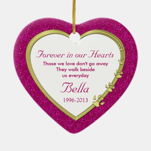 愛犬記念撮影クリスマスピンク金ゴールドハート セラミックオーナメント (裏面)
