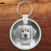 愛犬2枚の写真ライトアクア青縁ど追加の名前 キーホルダー (正面)