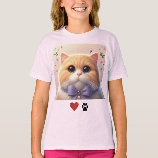 愛猫かわいい猫ピンクの女の子Tシャツ Tシャツ (正面)