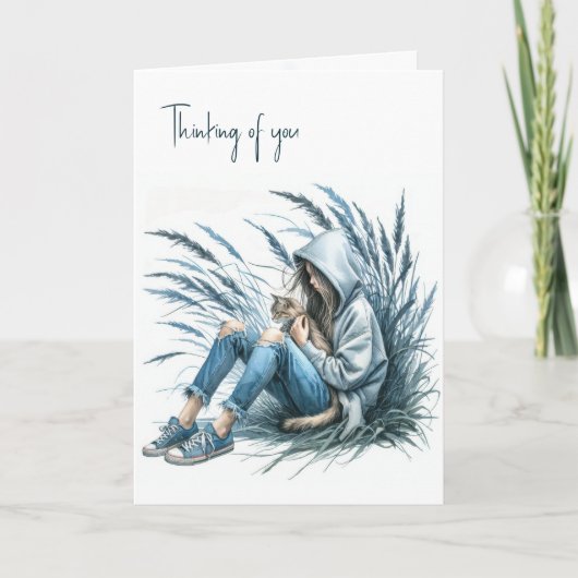 愛猫を飼っているフード付きスウェットシャツの少女 カード (正面)