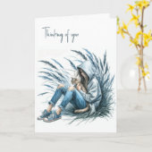 愛猫を飼っているフード付きスウェットシャツの少女 カード (黄色い花)