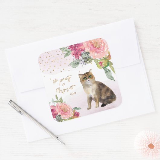 愛猫イラストレーションハッピーバースデーガールパーティー スクエアシール (封筒)