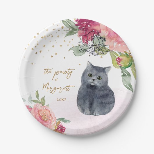愛猫イラストレーションハッピーバースデーガールパーティー ペーパープレート (正面)