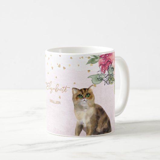 愛猫イラストレーション金ゴールドグリッターガールギフト コーヒーマグカップ (正面右)