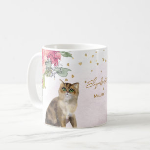愛猫イラストレーション金ゴールドグリッターガールギフト コーヒーマグカップ