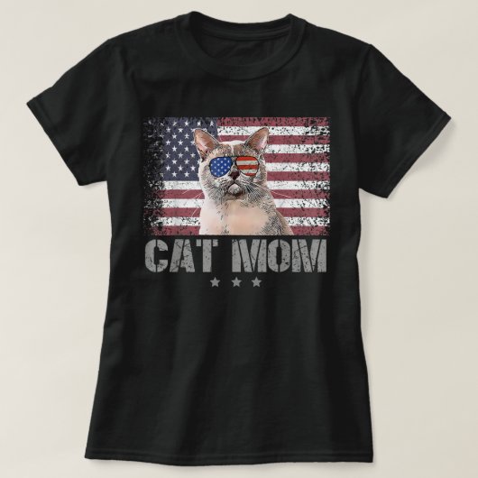 愛猫ママとサングラスUSAアメリカFl Tシャツ (デザイン正面)