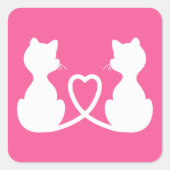 愛猫2匹のピンクと白のシルエット スクエアシール (正面)