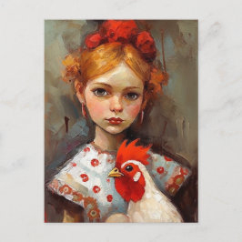 愛玩鶏で愛らしい少女 ポストカード