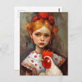 愛玩鶏で愛らしい少女 ポストカード (正面/裏面)