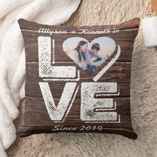 愛素朴な森林写真のハートフレームのモノグラム クッション (ブランケット)