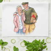 愛結婚人の記念日、かわいい老夫婦 キッチンタオル (折り畳み)