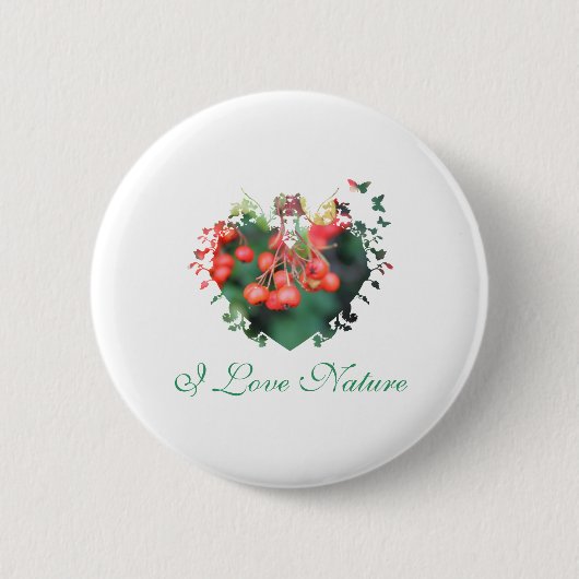愛自然，赤い果実，緑，ハートの形状フレーム 缶バッジ (正面)