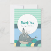 愛航海のらしいクジラのタコ緑の赤ちゃんシャワー サンキューカード (正面)