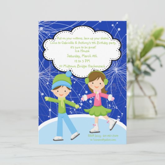 愛装双子氷スケートで滑る誕生日招待状 招待状 (スタンド正面)