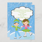 愛装双子氷スケートで滑る誕生日招待状 招待状 (正面/裏面)