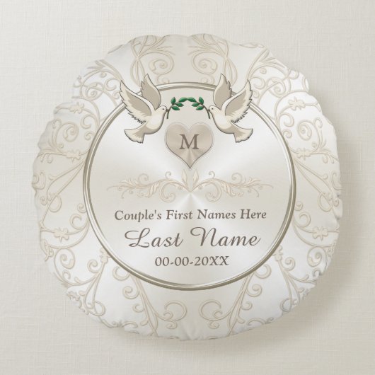 愛鳥のモノグラムのパーソナライズな結婚式の枕 ラウンドクッション (正面)