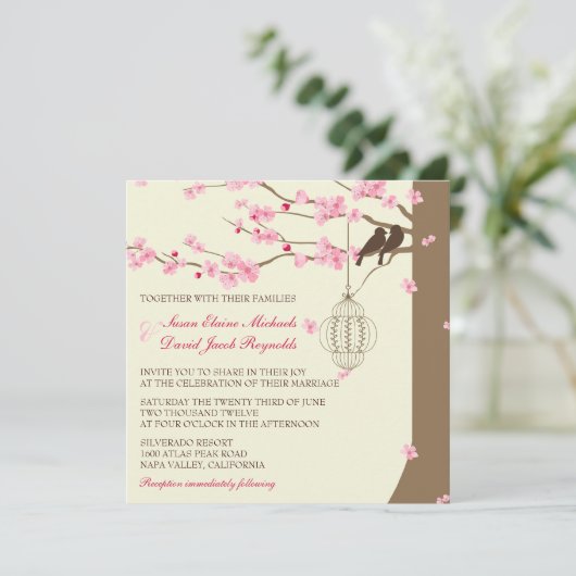 愛鳥のヴィンテージのおりの桜の結婚式 招待状 (スタンド正面)
