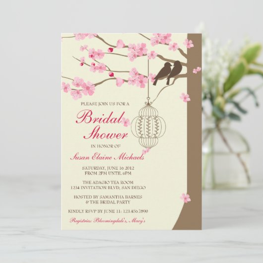 愛鳥のヴィンテージのおりの花のブライダルシャワー 招待状 (スタンド正面)