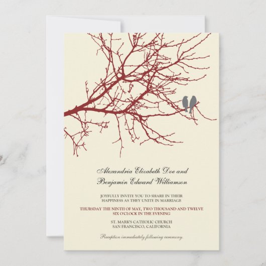 愛鳥の枝結婚式招待状(あずき色) 招待状 (正面)