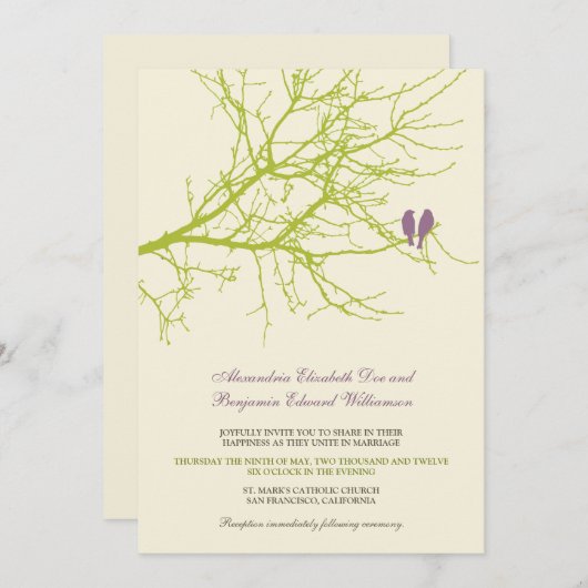 愛鳥の枝結婚式招待状(ライム) 招待状 (正面/裏面)