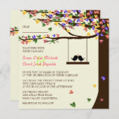 愛鳥の落ちるカラフルなハートのオークの木 招待状 (正面/裏面)