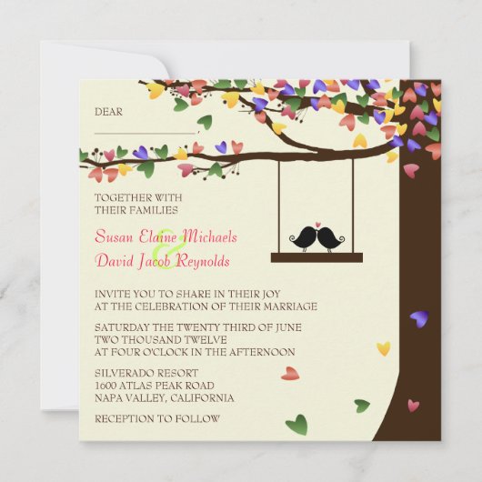 愛鳥の落ちるカラフルなハートのオークの木 招待状 (正面)