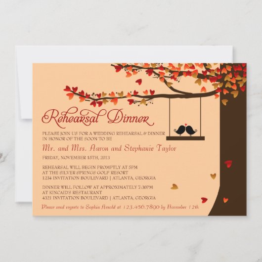 愛鳥の落ちるハートのリハーサルの夕食 招待状 (正面)