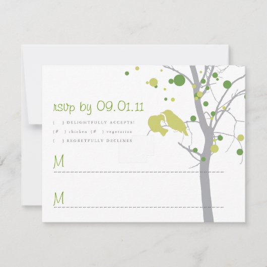 愛鳥RSVPが付いている水玉模様の木 出欠カード (正面)
