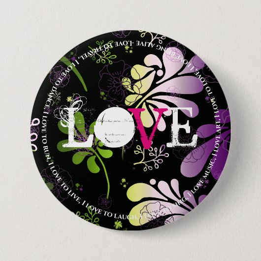 愛、おもしろい文字エッジでフローラバックグラウンドお尻 缶バッジ (正面)