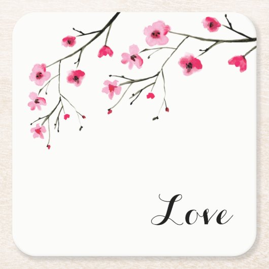 愛、さくらんぼの花、水の絵画色の結婚、 スクエアペーパーコースター (正面)