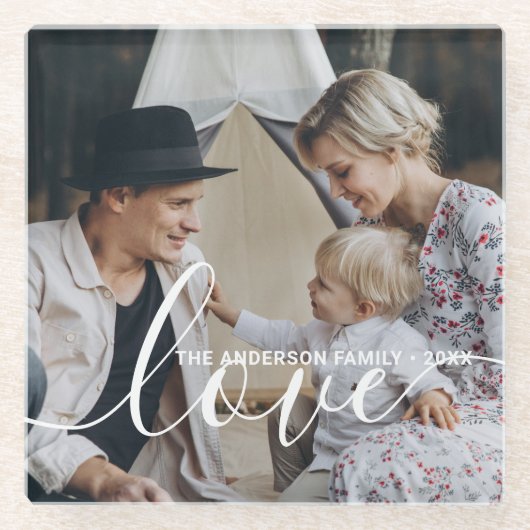 「愛」オリジナル家族写真 名前入りカスタムオーダー ガラスコースター (正面)