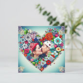 愛 |カップルのPicとティール（緑がかった色）と赤フローラハート (スタンド正面)