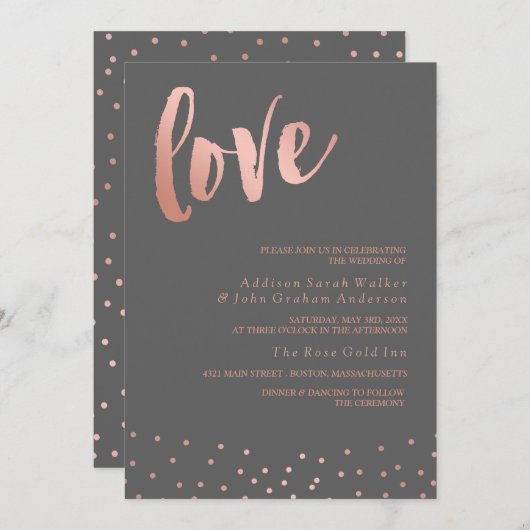 愛|バラ金ゴールド&グレー|結婚’s 招待状 (正面/裏面)