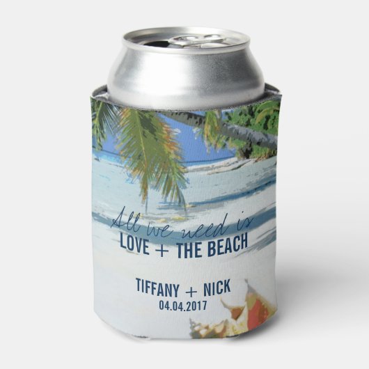 愛+ビーチ熱帯結婚式の日の好意 缶クーラー (缶正面)