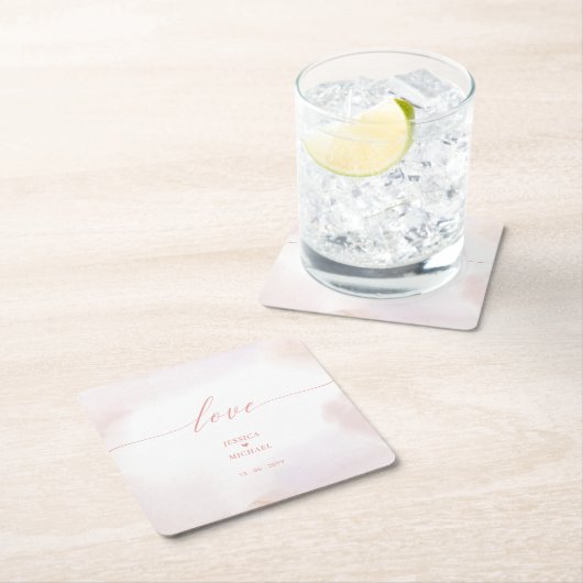 愛 | ピンクのハートと水の結婚色 スクエアペーパーコースター (インサイチュ)