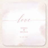 愛 | ピンクのハートと水の結婚色 スクエアペーパーコースター (正面)