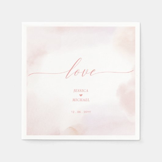 愛 |ピンクのハート&ウォーター結婚カラーのナプキン スタンダードカクテルナプキン (正面)