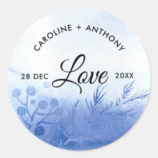 愛.ブルーウォーターカラー冬の枝結婚の数 ラウンドシール (正面)