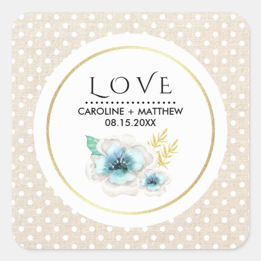 愛.ロマンチックなフローラバーラップ結婚テクスチャ スクエアシール (正面)