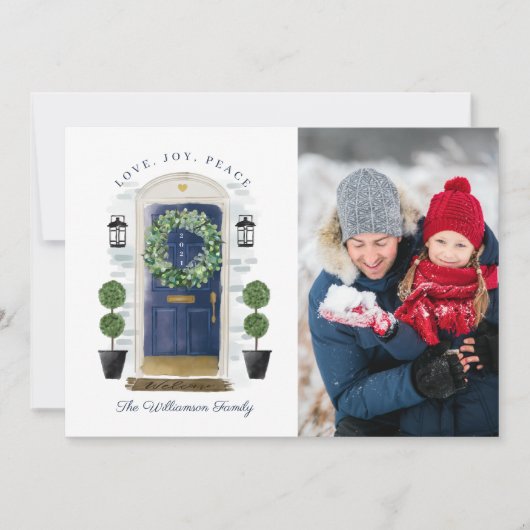 愛、喜び、平和海軍の水の色のフロントドアフォト シーズンカード (正面)