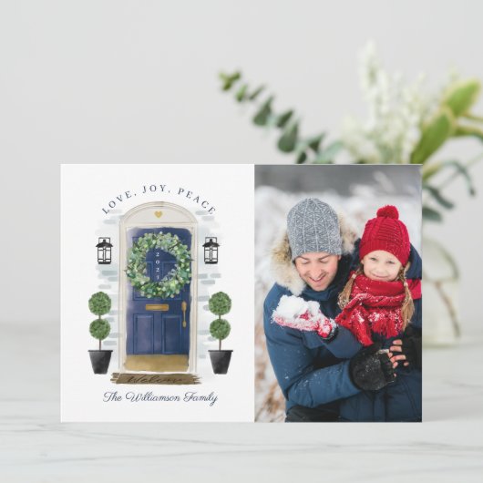 愛、喜び、平和海軍の水の色のフロントドアフォト シーズンカード (スタンド正面)