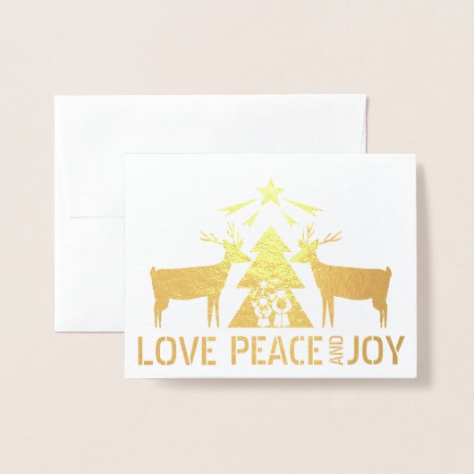 愛、平和と喜び出生と鹿のクリスマス 箔カード (封筒付き正面)