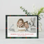 「愛、平和、喜び」チェック柄のホリデー写真カード シーズンカード (スタンド正面)