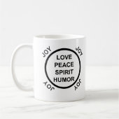 愛、平和、精神、ユーモア、喜び-マグの選択 コーヒーマグカップ (左)
