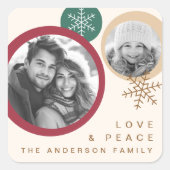 愛 平和 雪の結晶 赤 緑 写真 休日 スクエアシール (正面)