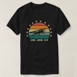 "愛・愛・飛ぶ" テキスト、アンティーク飛行機のレトロな夕焼け Tシャツ
