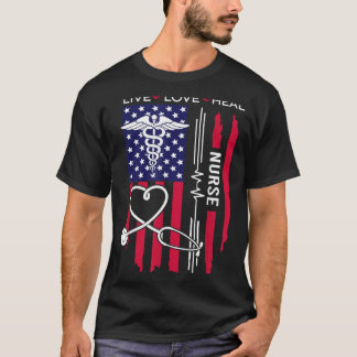 愛 生命 癒し 看護 愛国 アメリカ国旗 Tシャツ