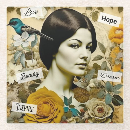 愛、美しい、インスパイア夢、希望ヴィンテージレディ ガラスコースター (正面)